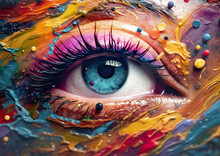 Blue Female Eyes Face Painted With Multicolored Paint. Concept Of Diversity. Generated By AI.