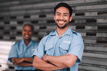 Aufkleber - Portrait, security or safety and a happy man arms crossed with a black woman colleague on the street. Law enforcement, smile and duty with a crime prevention unit working as a team in the city