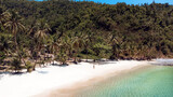 Fototapeta  - Piękna rajska plaża z białym piaskiem, palmami i turkusową wodą, osoba idąca po wybrzeżu.