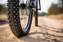 Mountain Bike Tire Low Angle Closeup On Trail. (Ai Generated)