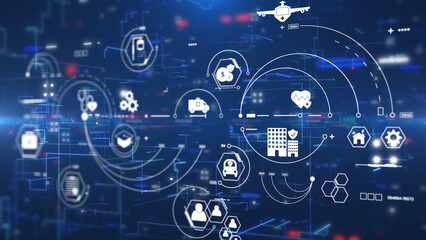 Fototapete - Technology online insurance medical protection concept with simple geometric medical, security, laboratory icon illustration.