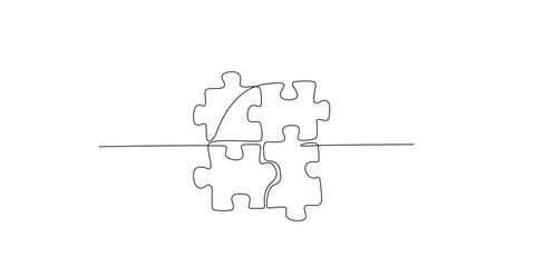 Continuous single line drawing of four puzzle pieces fitting together. Single line drawing of puzzle pieces for ideas, business strategy, thinking process, creativity, problem solving. Editable stroke