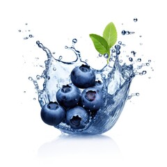 Fresh blueberry in water splash on white backround. Juicy fruit. Generative AI