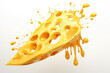 A slice of yellow cheese with holes melts and turns into cheese sauce or melted cheese. Isolated on a white background, yellow splashes and drips. Generative AI 3d render illustration imitation.