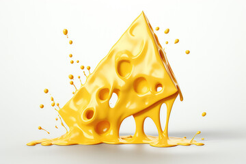 Slice of yellow cheese with holes melts and turns into cheese sauce or melted cheese. Isolated on a white background, yellow splashes and drips. Generative AI 3d render illustration imitation.