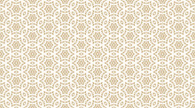 Vector Ornamental Seamless Pattern. Golden Abstract Floral Geometric Texture With Stars, Diamonds, Grid, Lattice. Stylish Gold And White Ornament Background, Repeat Tiles. Oriental Style Geo Design