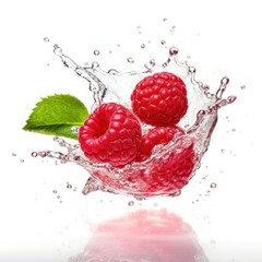 Fresh raspberry in water splash on white backround. Juicy fruit. Generative AI