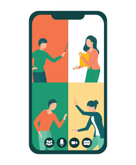 Poster - Mobile internet communication, social media chatting, instant messaging, online conference. People on phone screen using mobile phone for call. Man and woman talking, sending messages via smartphone
