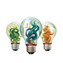 Art Style Light Bulbs, Three Blue, Green And Orange Electric Energy Bulbs, On A White Background.