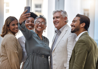 Aufkleber - Happy, business people and selfie in team building with smile for photo, memory or social media at office. Group of employees together for picture, vlog or about us in teamwork gathering at workplace