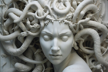 Generative AI of Medusa Gorgon In Greek mythology monster female with living venomous snakes in place of hair scary