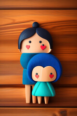 Happy family with one child and heart emotion on wooden background. Wood doll character. Togetherness relationship and lifestyle concept.