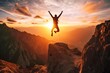 canvas print picture - Successful woman joy when reaches to her objective. Woman jump on top of the mountain with arms open to a welcoming new day with sunrise, Generative AI
