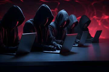 Wall Mural - Hackers with hoodies typing laptops. Hacker group, organization or association. AI generated