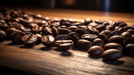 Roasted coffee beans on wood table