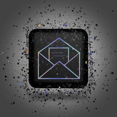 The icon is an envelope with a letter, a square 3d symbol in the form of a holographic image on a black cube made of a vortex of particles. 3d rendering. Icon design, 3000x3000 pixels