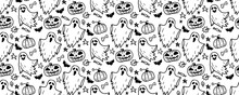 Halloween Seamless Pattern. Vector Artwork Background With Holiday Symbols Of The Day Of The Dead. Cute Autumn Design. Scary Horror Sketch Art. Magic Wallpaper Illustration With Ghost And Pumpkin