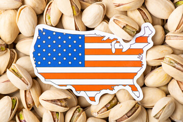 Poster - Paper flag and map of USA on pistachio. Growing pistachios in USA, origin of of nuts