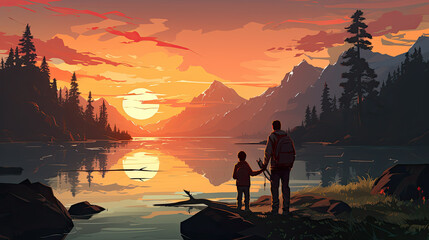 Wall Mural - father and his son at a lake at sunset. back view. spending time together, family. Generative AI