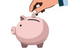 © Areerat - Hand putting coin to piggy bank mock up on transparent background. Generative Ai