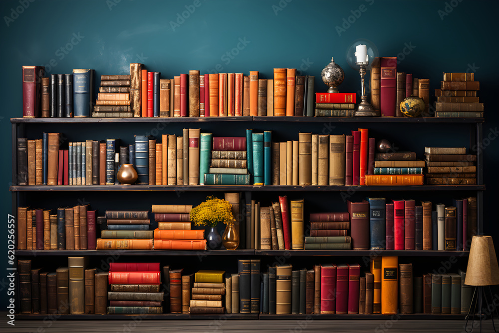studio photo backdrop with shelves full of classic books Stock ...