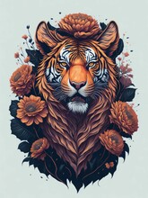 A Detailed Illustration Of Vintage Tiger Head, Flowers Splash, Print, T-shirt Design.  