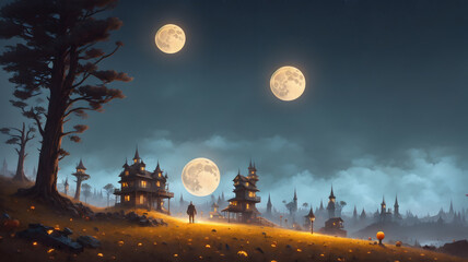 Wall Mural - a painting of a man standing in front of a full moon