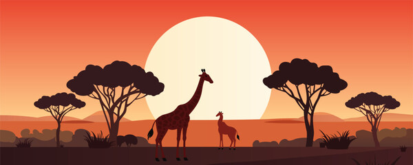 Canvas Print - Silhouettes of wild African giraffes at sunset. Safari. Vector illustration.