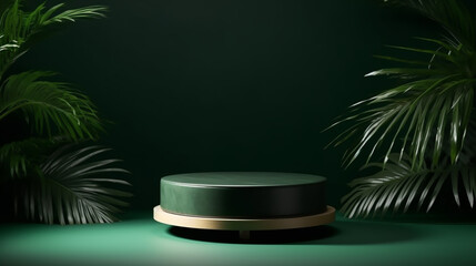 Poster - Realistic wooden product display podium with foliage and plant, modern green background. Presentation showcase backdrop for beauty product, home, or body products. Generative AI