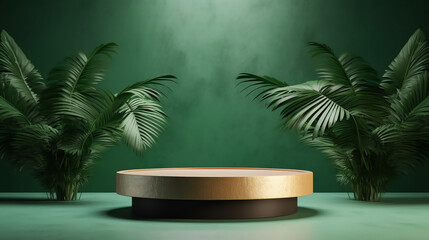 Poster - Realistic wooden product display podium with foliage and plant, modern green background. Presentation showcase backdrop for beauty product, home, or body products. Generative AI