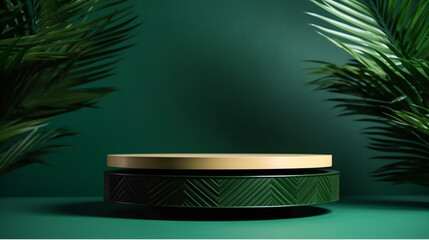 Poster - Realistic wooden product display podium with foliage and plant, modern green background. Presentation showcase backdrop for beauty product, home, or body products. Generative AI