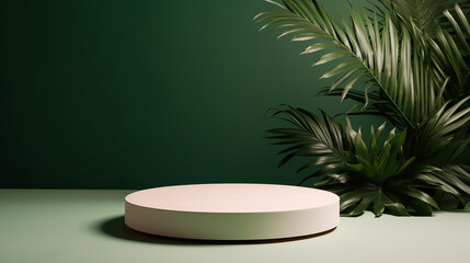 Poster - Realistic wooden product display podium with foliage and plant, modern green background. Presentation showcase backdrop for beauty product, home, or body products. Generative AI