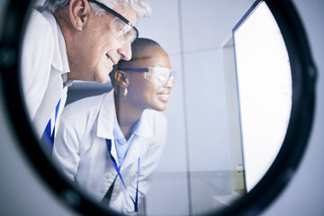 Poster - science, research and team scientists in lab working on future data experiment, analysis or test. me