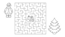 Black And White Vector Illustration. Children's Educational Game Finding The Right Way. Christmas Maze Is A Puzzle. Coloring Book. Children S Help Santa Claus Find The Way To The Gifts.