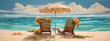 Two Chairs Are On A Beach Under A Umbrella Generative Ai