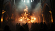 Tenebrist recreation of a big bonfire inside a big cathedral with people. Illustration AI