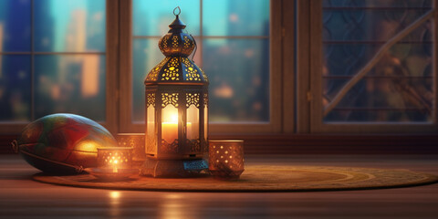 Ramadan festival lantern and props on the floor background. Culture and religion concept. Digital art illustration