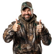 Happy hunter fisher in camouflage hat and jacket smiling thumbs up isolated portrait - Generative AI