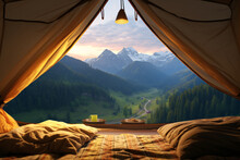 A View From Inside A Tent Overlooking A Breathtaking Range Of Green Mountains That Steals The Breath Away.
