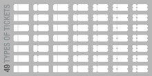 Set of 49 unique blank or empty ticket template. Cinema, theater, concert and boarding tickets, discount and sales coupons. Vector illustration isolated on transparent background.