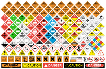 All classes of hazardous material signs. Vector isolated placards label collection.