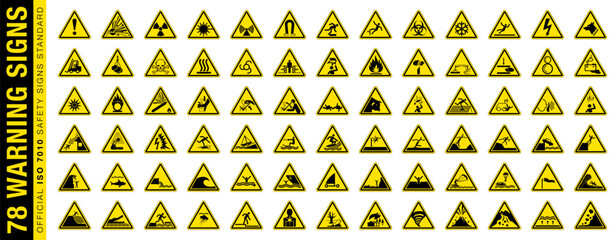 full set of 78 isolated hazardous symbols on yellow round triangle board warning sign. official iso 
