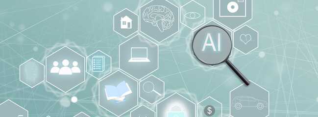 Leinwandbilder - Concept smart search. Searching information data on internet networking concept. AI(Artificial Intelligence) and Neural network. Magnifying glass on blue background. New minimal creative concept