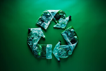 Wall Mural - Recycling symbol made from plastic bottles and waste plastic. recycling litter concept