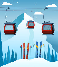 Red Ski Equipment At The Ski Resort. Snowy Mountains And Slopes, Winter Evening And Morning Landscape, Snowboarding, Skiing, Snow, Sports, Winter Mountain Landscape, Snowy Peaks And Slopes.