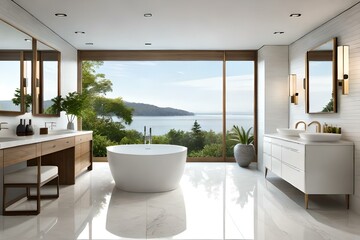 A luxurious master bathroom with a freestanding soaking tub made of polished white marble