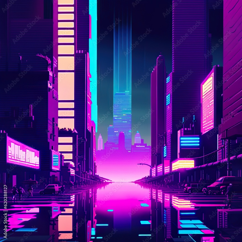 Cyberpunk neon city night. Futuristic city scene in a style of pixel ...