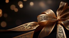 A Luxurious Golden Ribbon With Intricate Patterns Delicately Draped On A Velvet Surface, Evoking A Sense Of Grandeur And Elegance, Perfect For Showcasing Your Text. Christmas. Wedding. Generative AI.