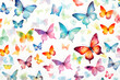 Butterflies in various colors and sizes fill a white space
