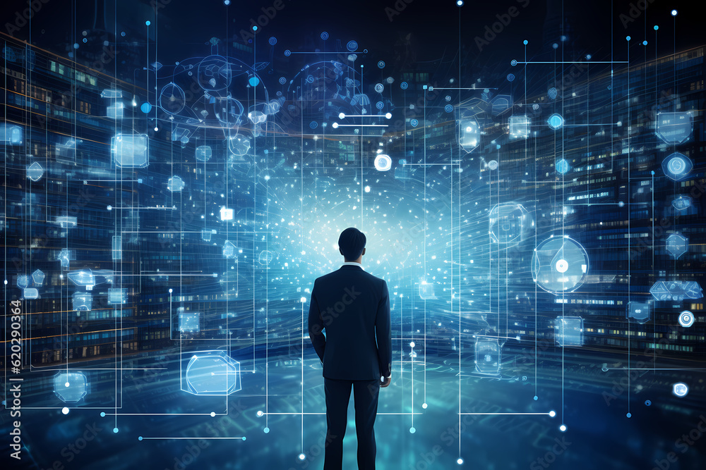 entrepreneur expolring the cyberspace and brainstorming a business idea concept for creating an digital network of connections 